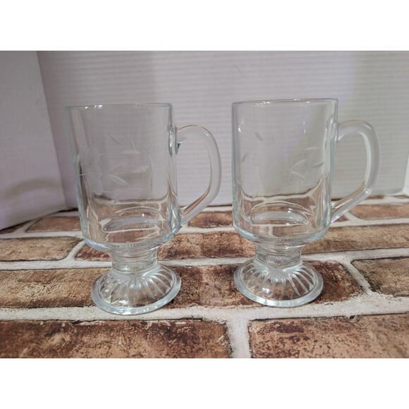 Vintage Princess House Heritage Irish Coffee Mugs Footed Etched Glass Set Of 2 - Picture 6 of 6